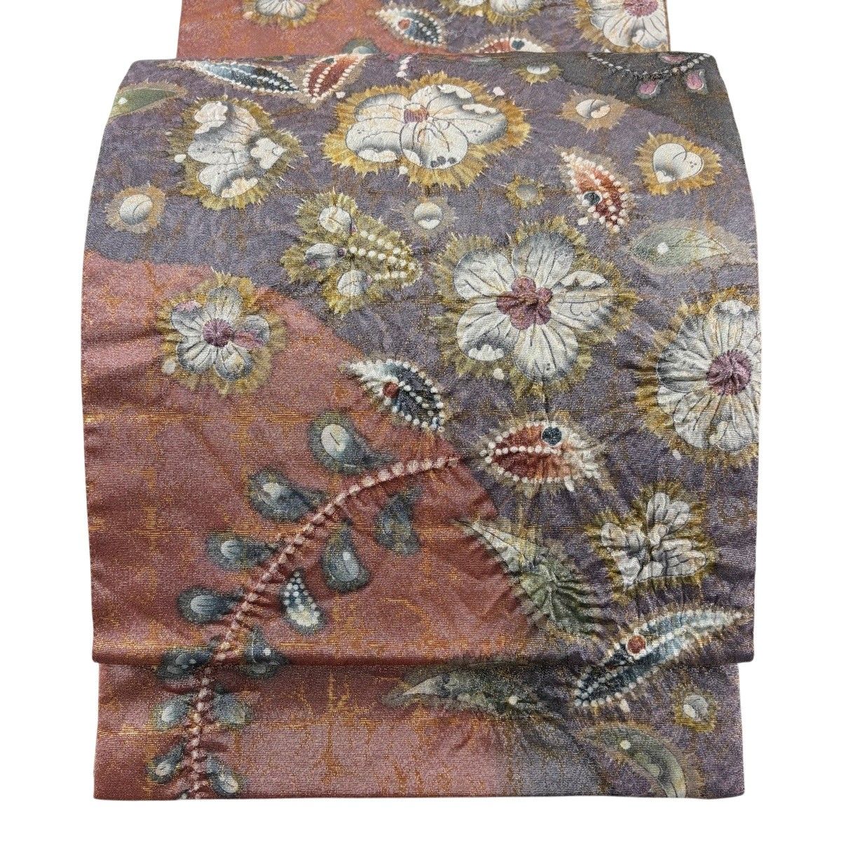 【美品】 袋帯 名品 落款 辻が花 金糸 金彩 紫 六通 正絹 【中古】
