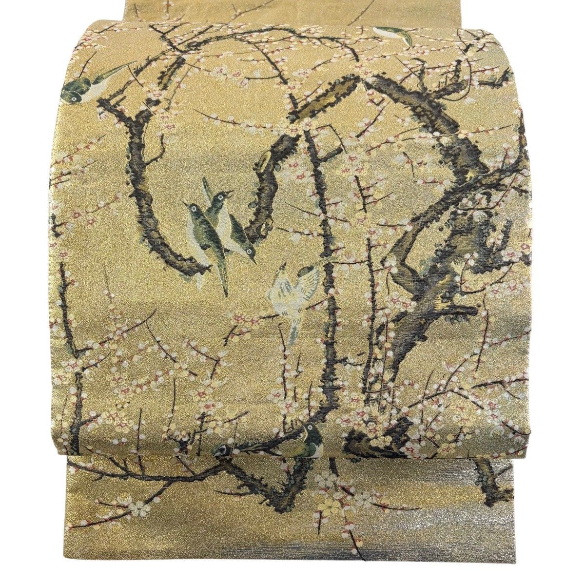 丸帯 名品 枝梅 鶯 金糸 箔 金色 お太鼓柄 正絹 【中古】