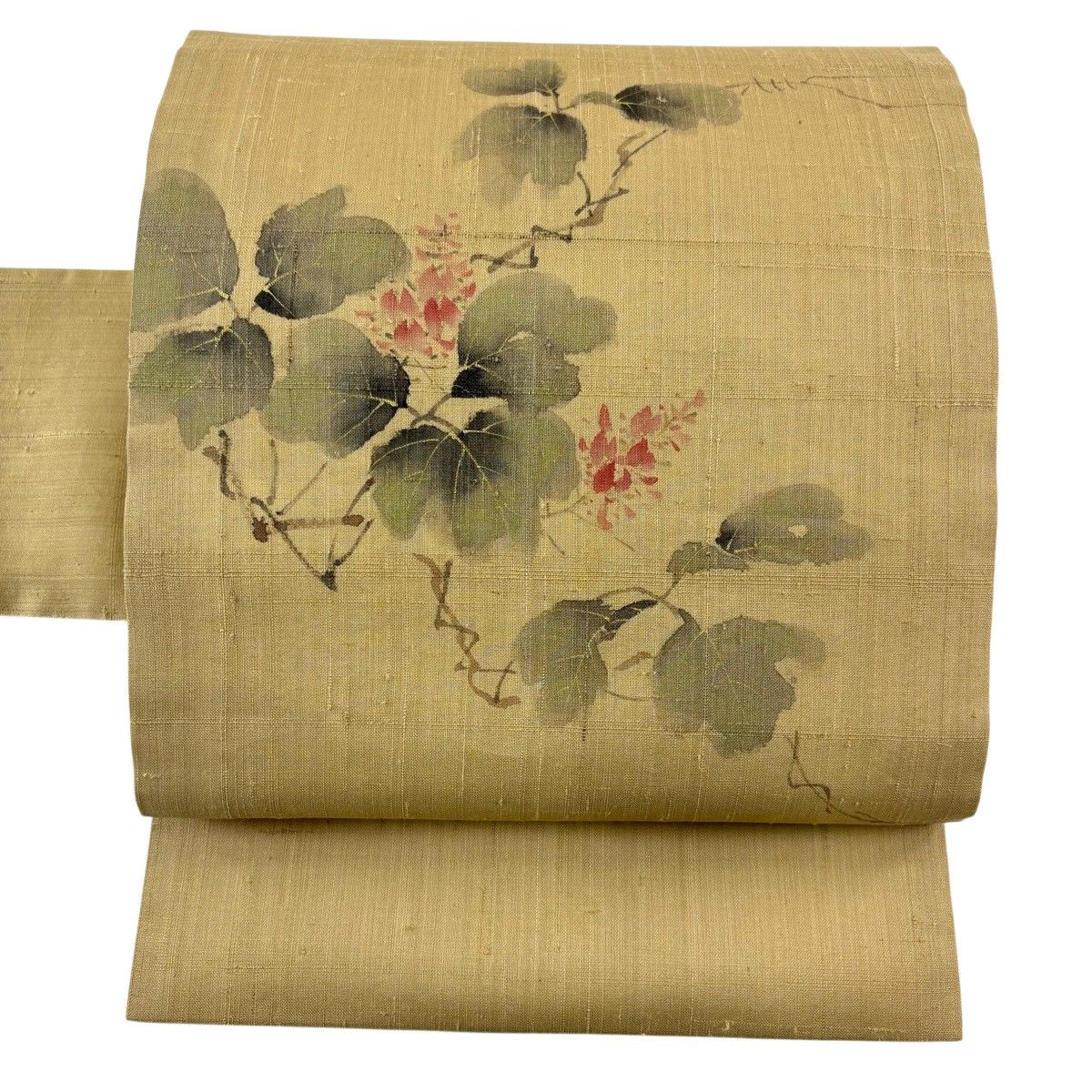 【美品】 名古屋帯 名品 夏帯 紬地 草花 金彩 黄土色 正絹 【中古】