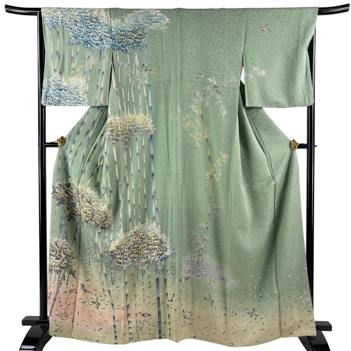 訪問着 身丈163.5cm 裄丈66cm M 袷 竹林 小鳥 ぼかし 薄緑 正絹 逸品 【中古】