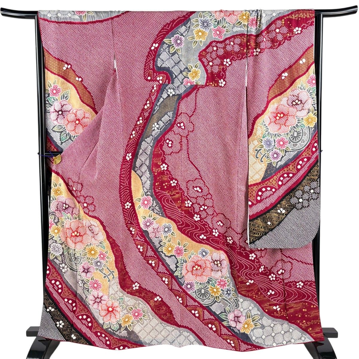 【美品】 振袖 身丈163cm 裄丈67.5cm L 袷 花車 桜 金彩 絞り 赤紫 正絹 名品 【中古】 12,460円