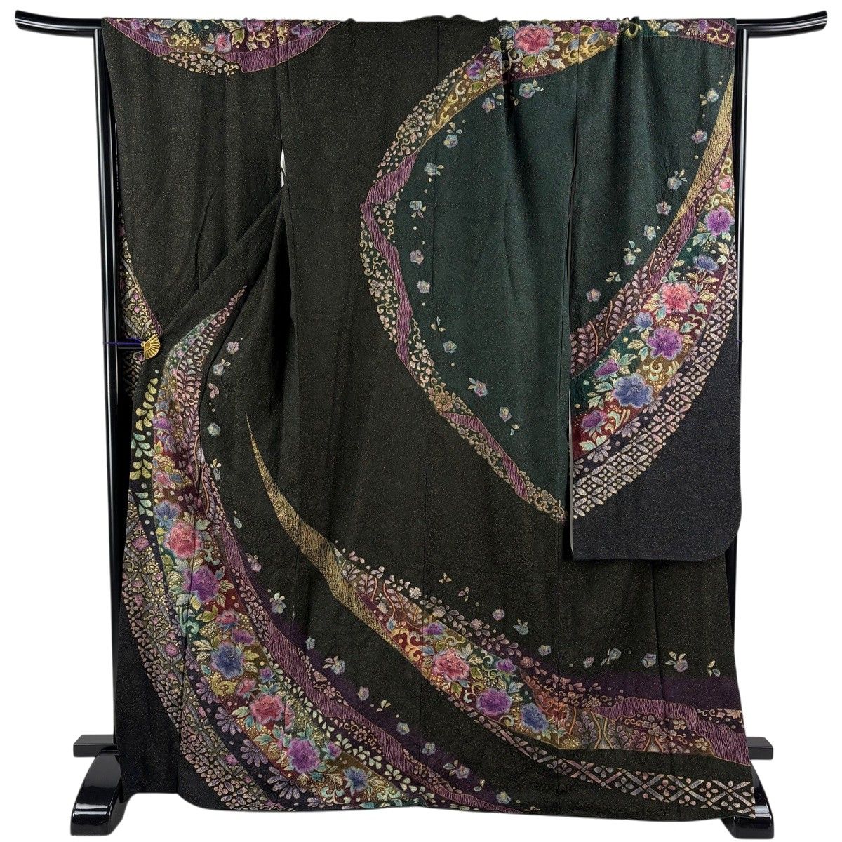 振袖 身丈170cm 裄丈70.5cm L 袷 牡丹 草花 金通し 絞り 深緑 正絹 名品 【中古】
