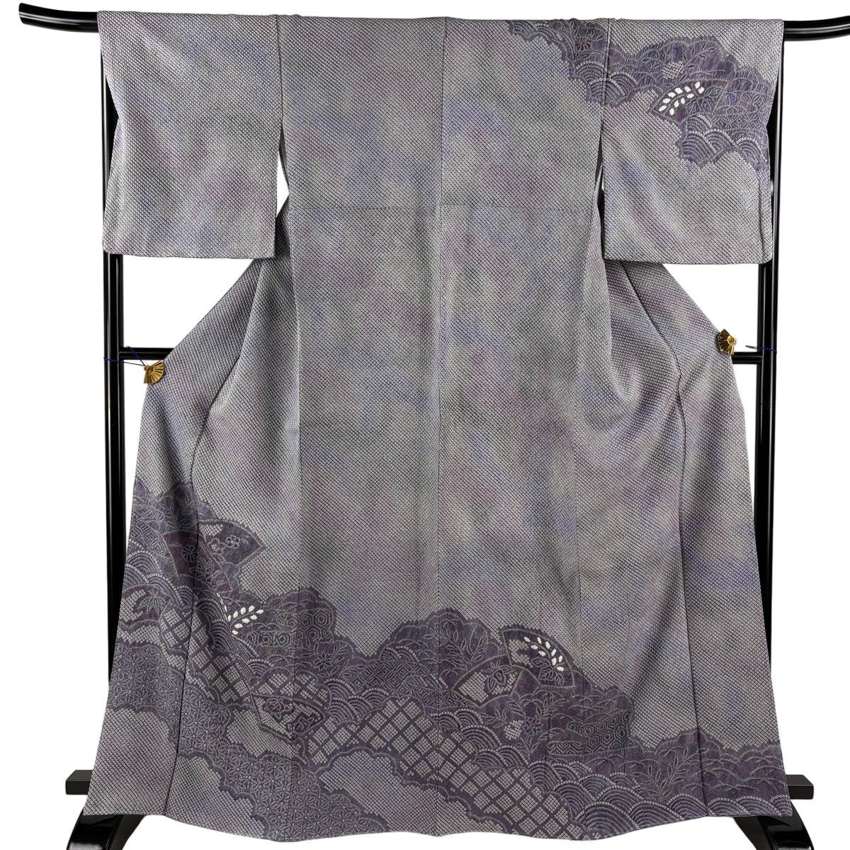 【美品】 訪問着 身丈165.5cm 裄丈66.5cm M 袷 扇面 波 絞り ぼかし 灰紫 正絹 秀品 【中古】