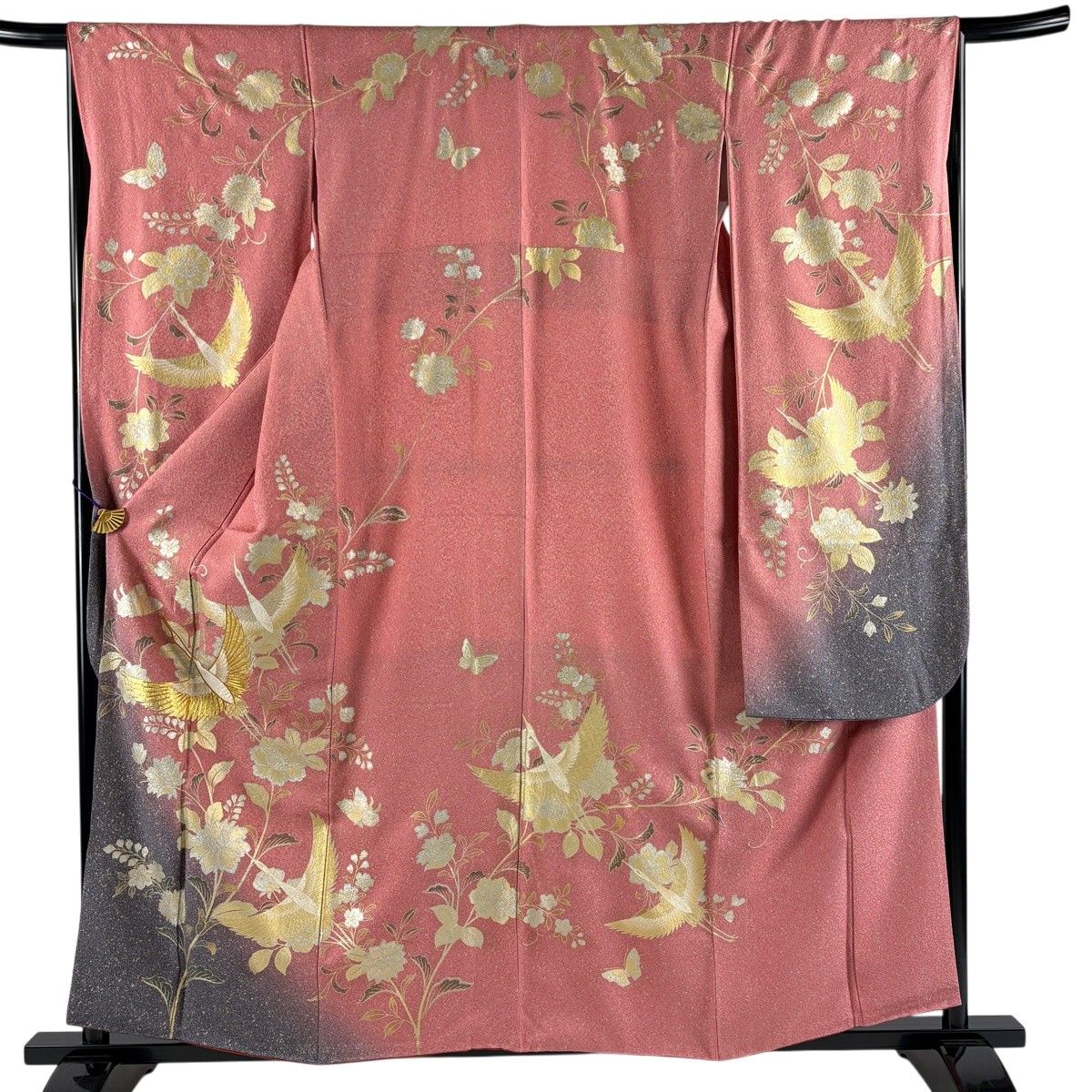 振袖 身丈158.5cm 裄丈66.5cm M 袷 やまと 鶴 草花 金糸 金銀彩 ピンク 正絹 秀品 【中古】 6,864円