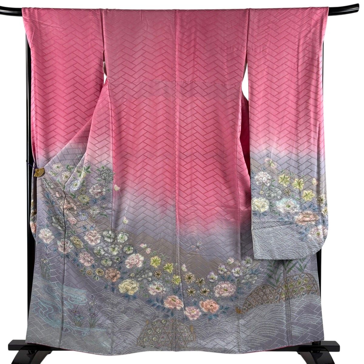 振袖 身丈160.5cm 裄丈68.5cm L 袷 草花 流水 絞り ぼかし ピンク 正絹 秀品 【中古】