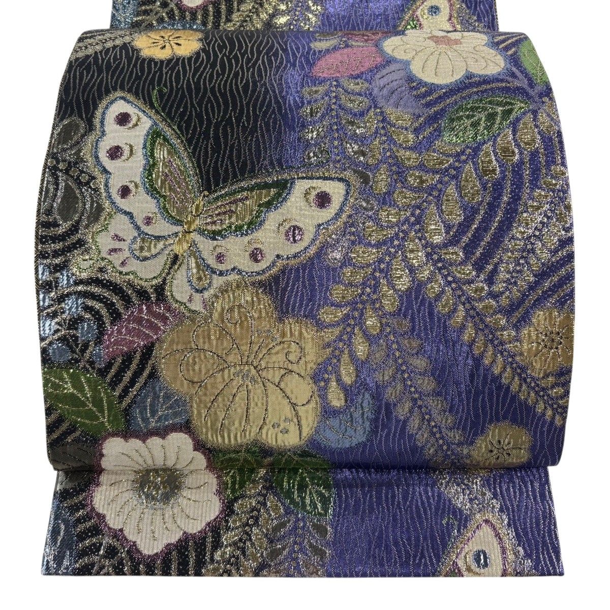 【美品】 袋帯 秀品 振袖向き 蝶 草花 箔 青紫 六通 正絹 【中古】