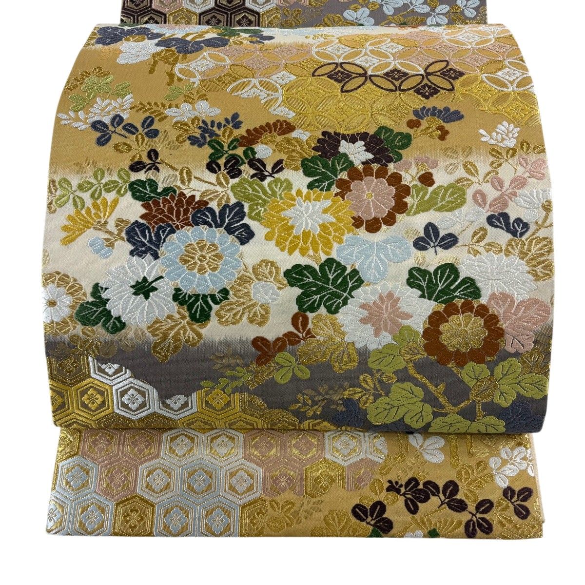 【美品】 袋帯 秀品 秋草 有職文様 金糸 唐織 ベージュ 六通 正絹 【中古】 6,864円