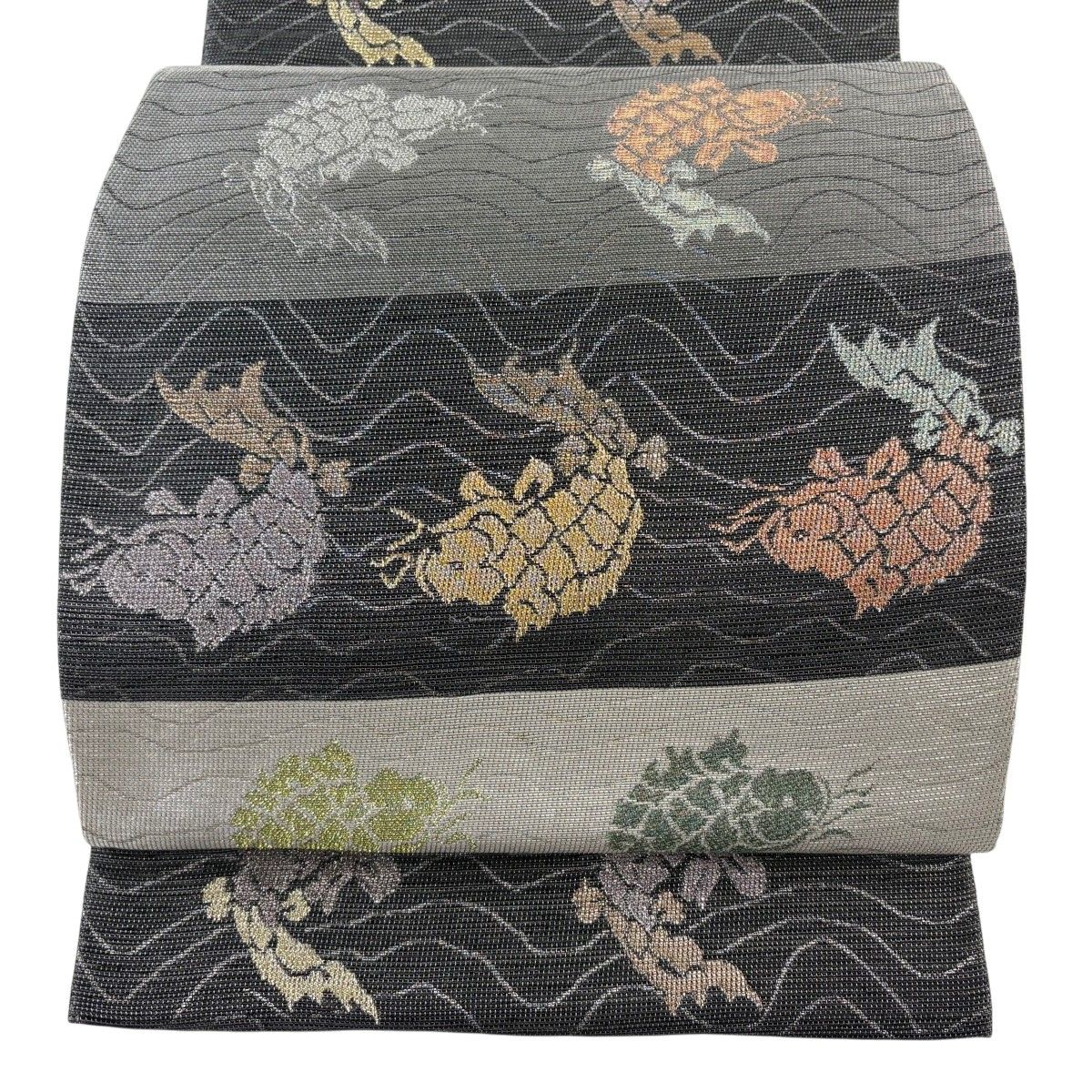 【美品】 袋帯 秀品 荒磯 流水 金銀糸 箔 銀色 六通 正絹 【中古】