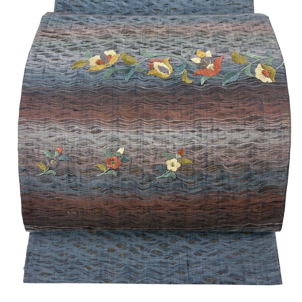 【美品】 袋帯 秀品 草花 横段 刺繍 金糸 青灰色 六通 正絹 【中古】