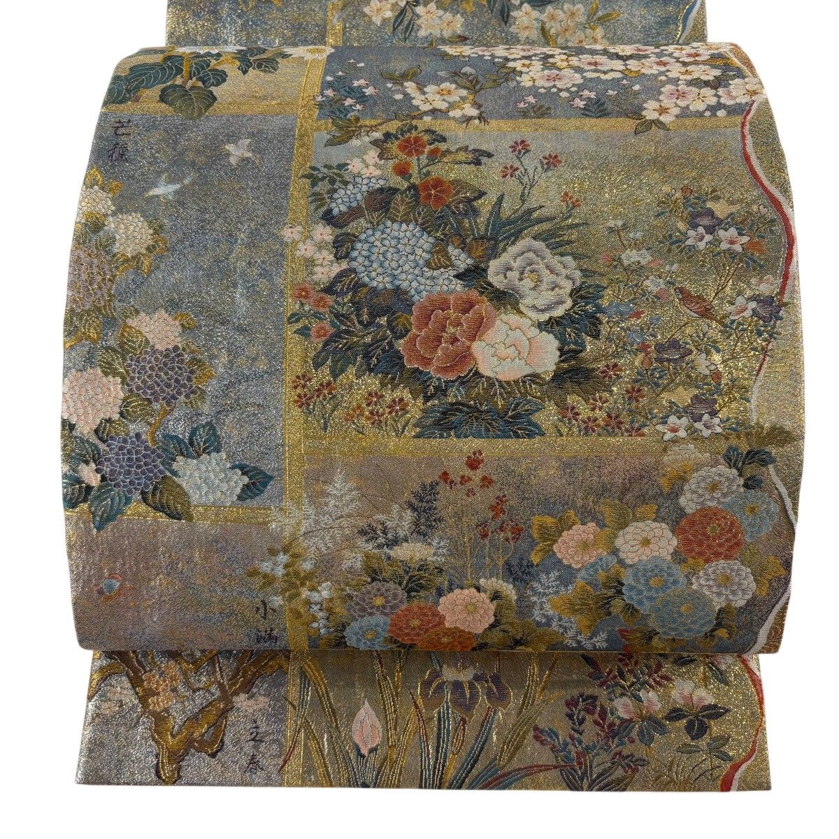 【美品】 袋帯 秀品 草花 箔 金糸 銀色 お太鼓柄 正絹 【中古】