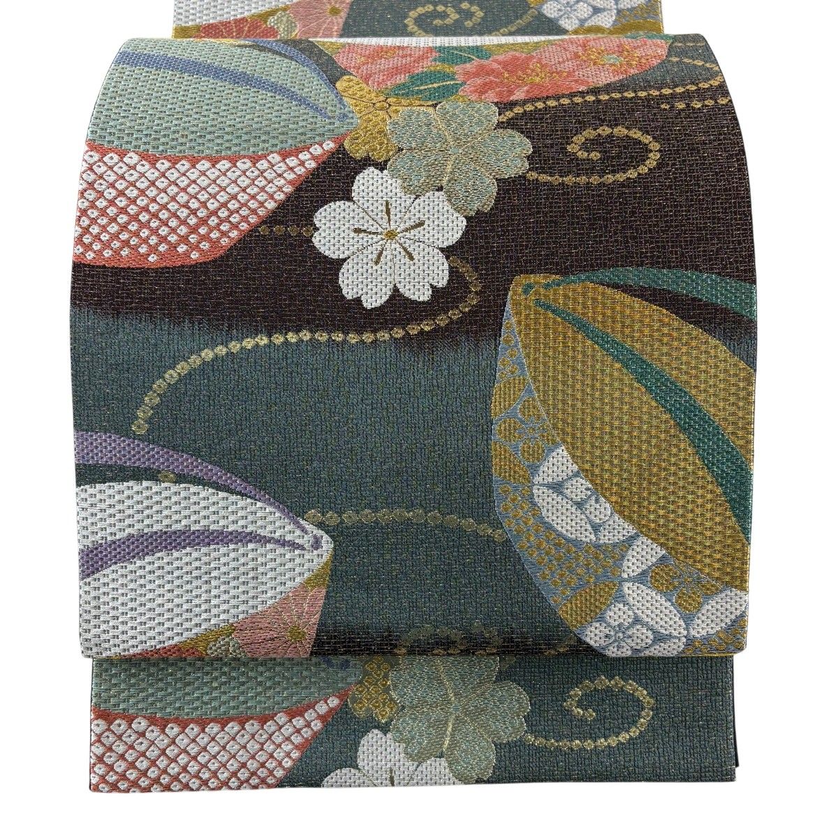 【美品】 袋帯 秀品 振袖向き ぽっくり 桜 箔 金銀糸 茶緑色 六通 正絹 【中古】