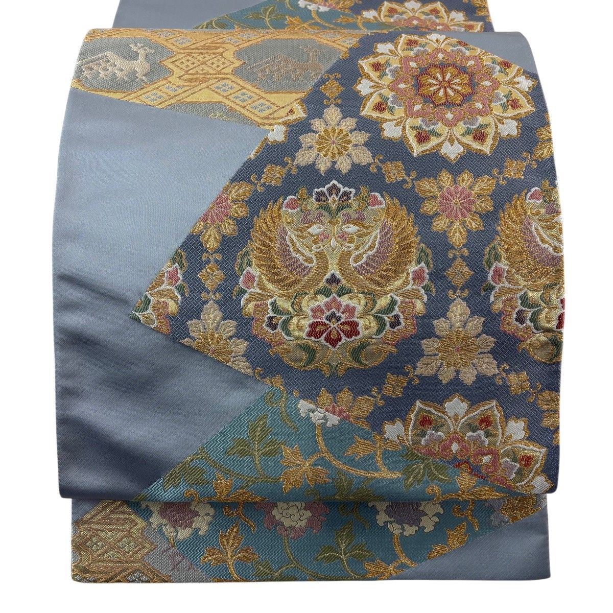 【美品】 袋帯 秀品 織粋 向かい鳥 草花 金糸 箔 青灰色 六通 正絹 【中古】