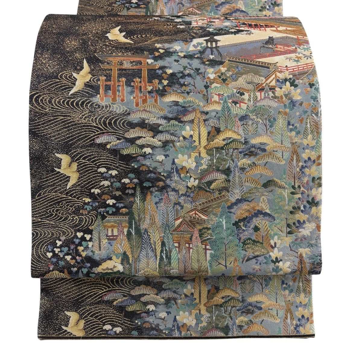 【美品】 袋帯 秀品 関西仕立て 建物 松 箔 墨色 六通 正絹 【中古】