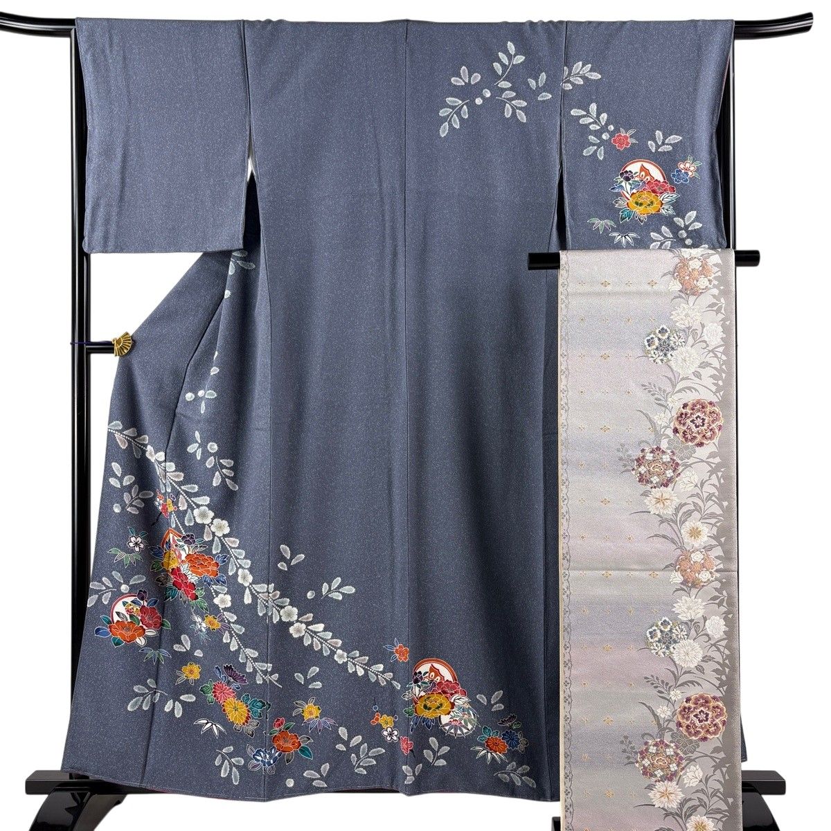 【美品】 訪問着 身丈159cm 裄丈66cm M 袷 袋帯セット 牡丹 桜 絞り 金彩 青灰色 正絹 秀品 【中古】 14,768円