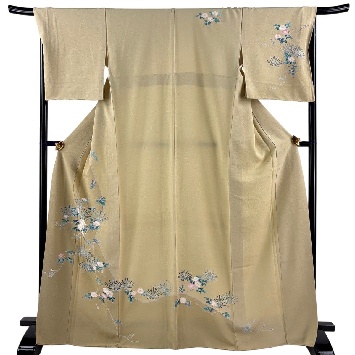 訪問着 身丈168cm 裄丈69cm L 袷 草花 若松 染め分け ベージュ 正絹 名品 【中古】