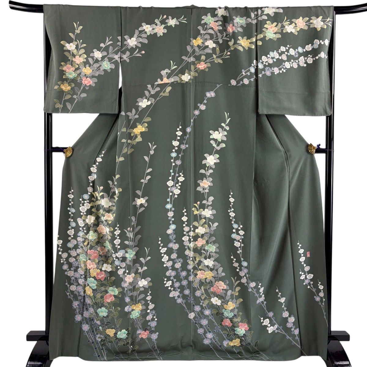 訪問着 身丈169cm 裄丈67.5cm L 袷 落款 枝梅 枝花 灰緑 正絹 名品 【中古】