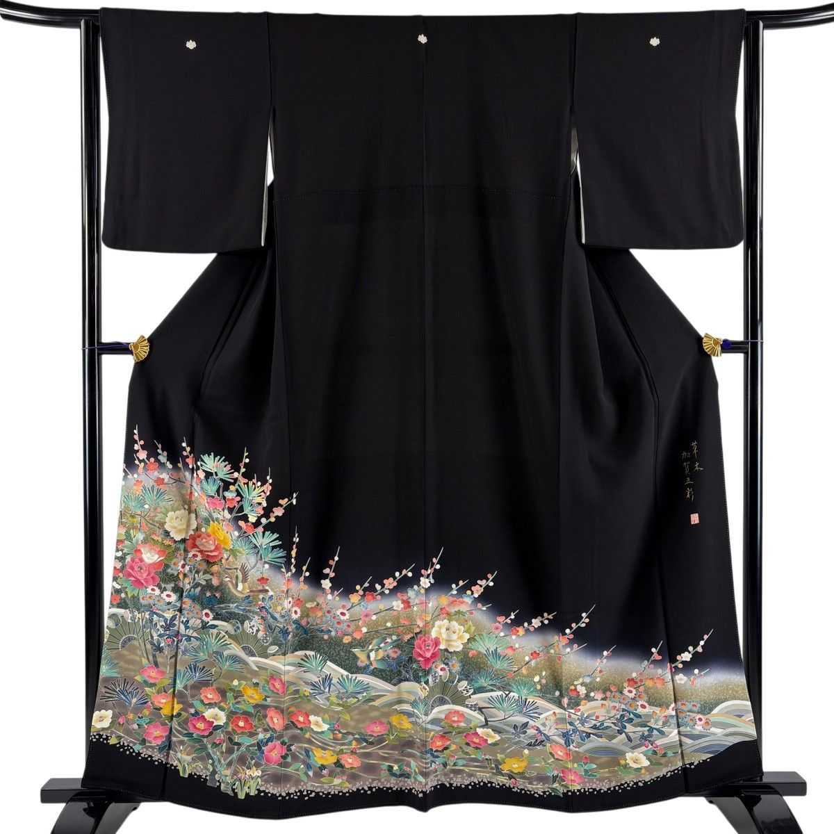 黒留袖 身丈160cm 裄丈62cm S 袷 落款 草花 鳥 ぼかし 黒 正絹 名品 【中古】 12,816円