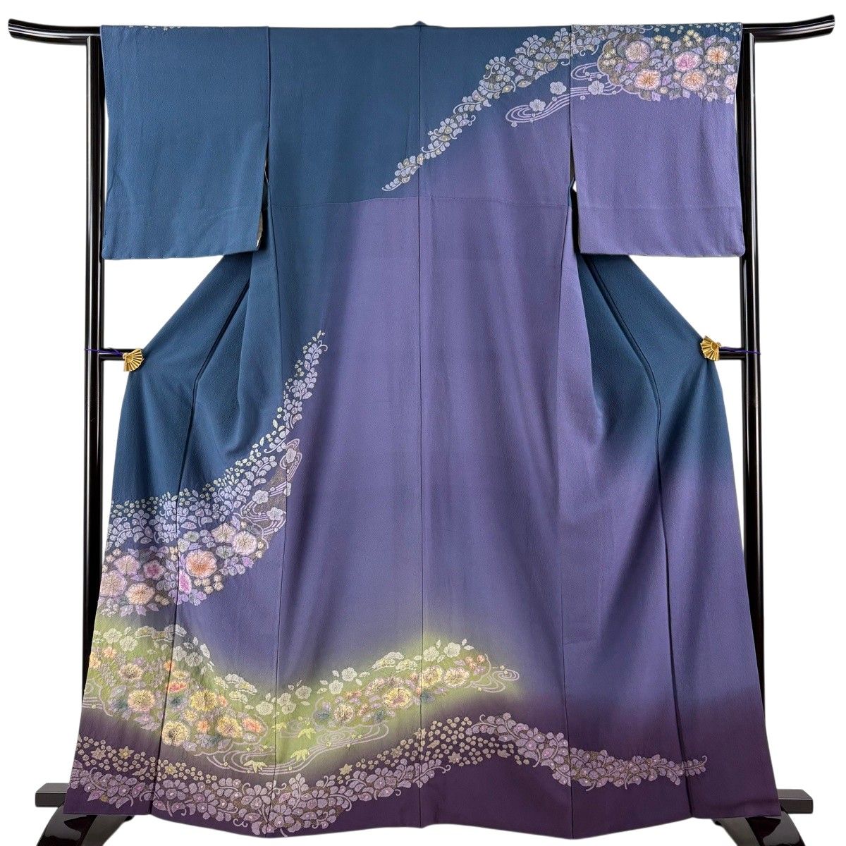 訪問着 身丈162cm 裄丈64cm M 袷 辻が花 流水 金彩 ぼかし 藍色 正絹 名品 【中古】