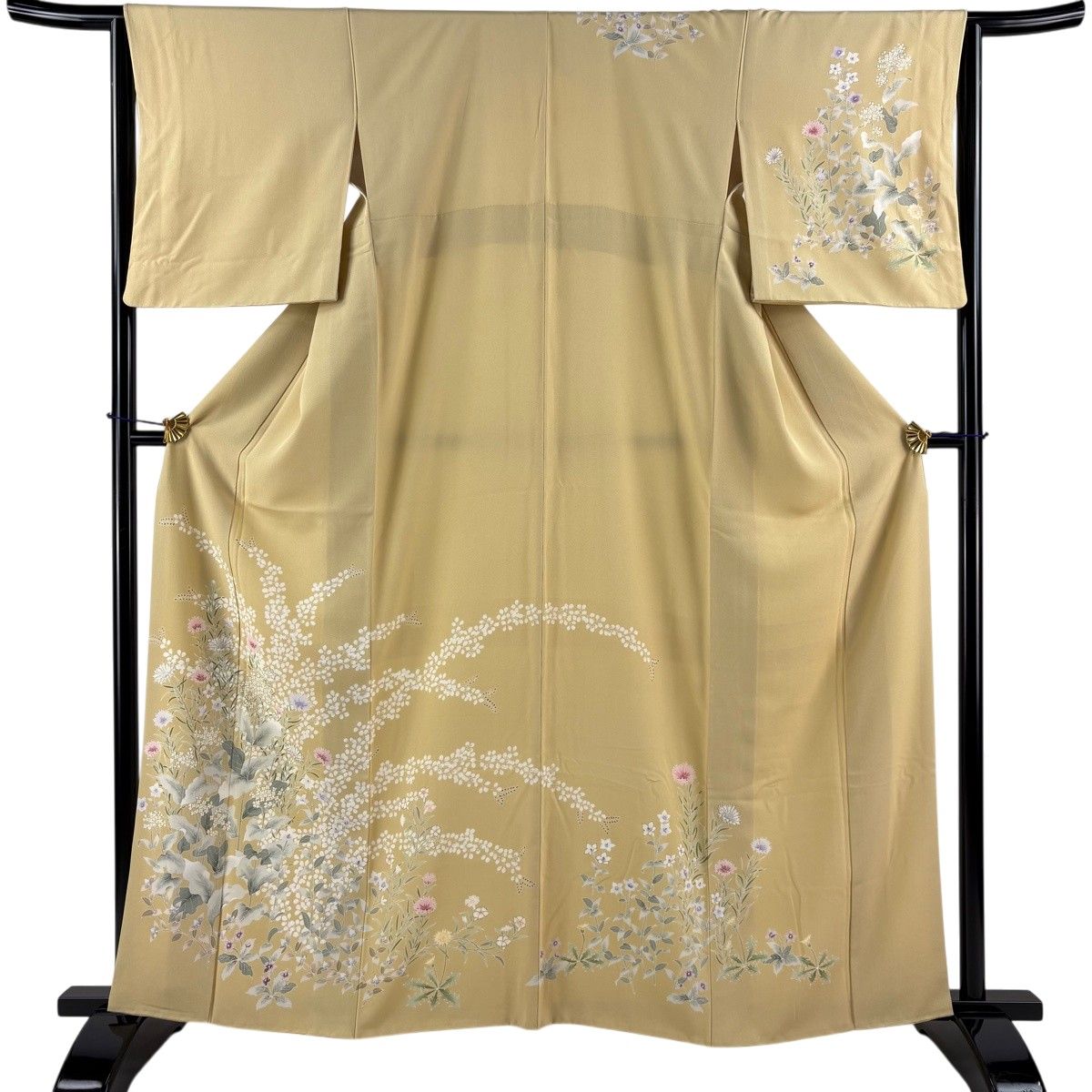 訪問着 身丈162cm 裄丈64cm M 袷 草花 萩 金彩 ベージュ 正絹 名品 【中古】
