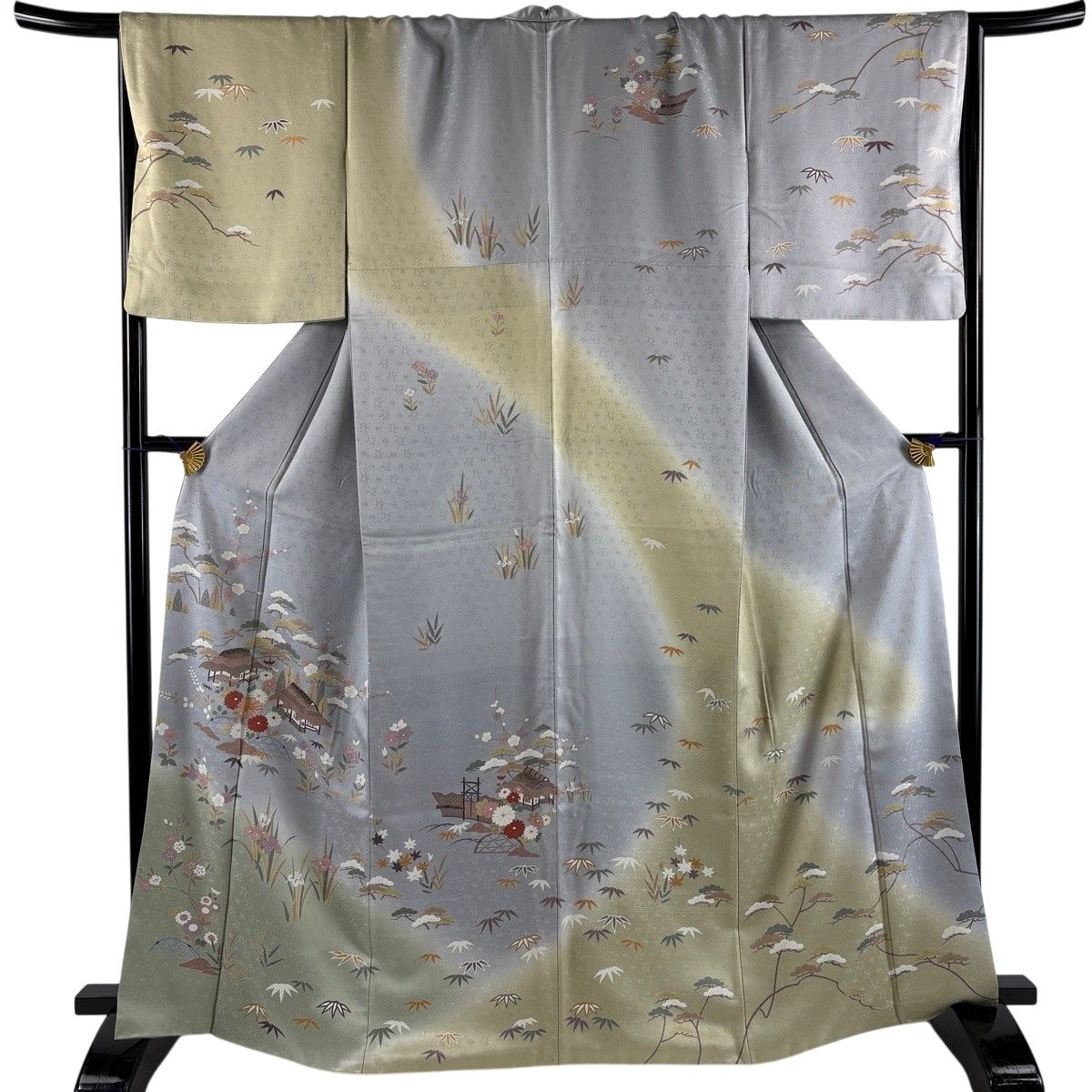 訪問着 身丈164.5cm 裄丈68cm L 袷 家屋 松竹梅 金糸 ぼかし 灰色 正絹 名品 【中古】 12,816円