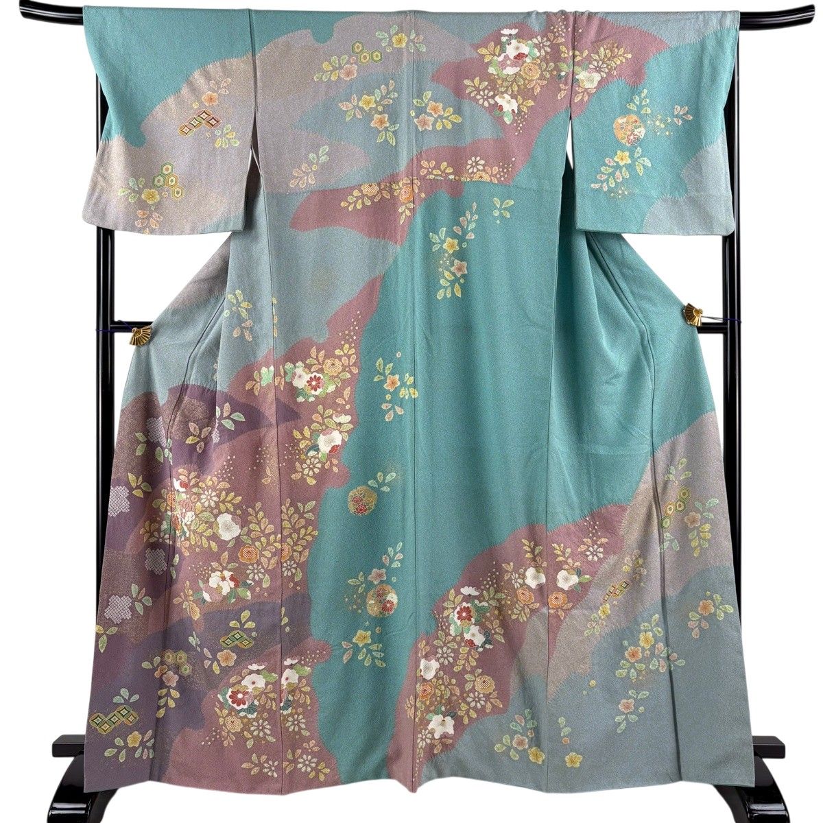 訪問着 身丈165cm 裄丈68cm L 袷 草花 雪輪 金糸 金彩 灰緑 正絹 名品 【中古】