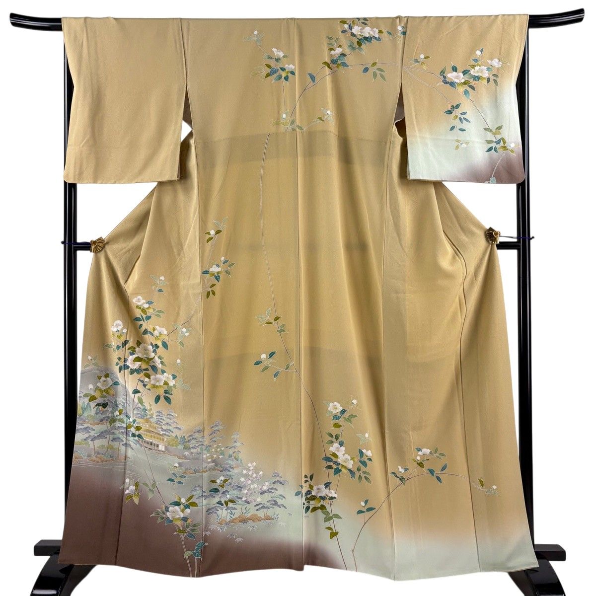 訪問着 身丈162.5cm 裄丈68cm L 袷 金閣寺 椿 染め分け ぼかし ベージュ 正絹 名品 【中古】 12,994円