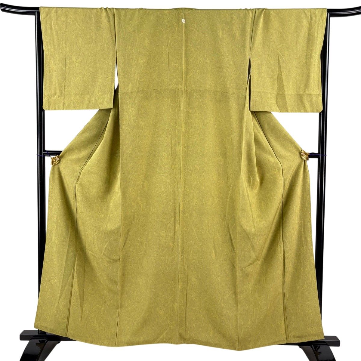 【美品】 小紋 身丈160cm 裄丈65.5cm M 袷 墨流し 抹茶色 正絹 名品 一つ紋 【中古】