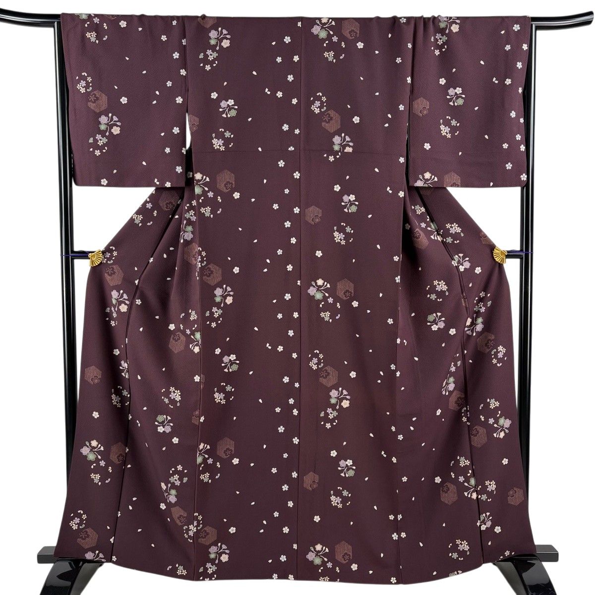 小紋 身丈163.5cm 裄丈67cm M 袷 桜 亀甲 金彩 紫 正絹 名品 【中古】