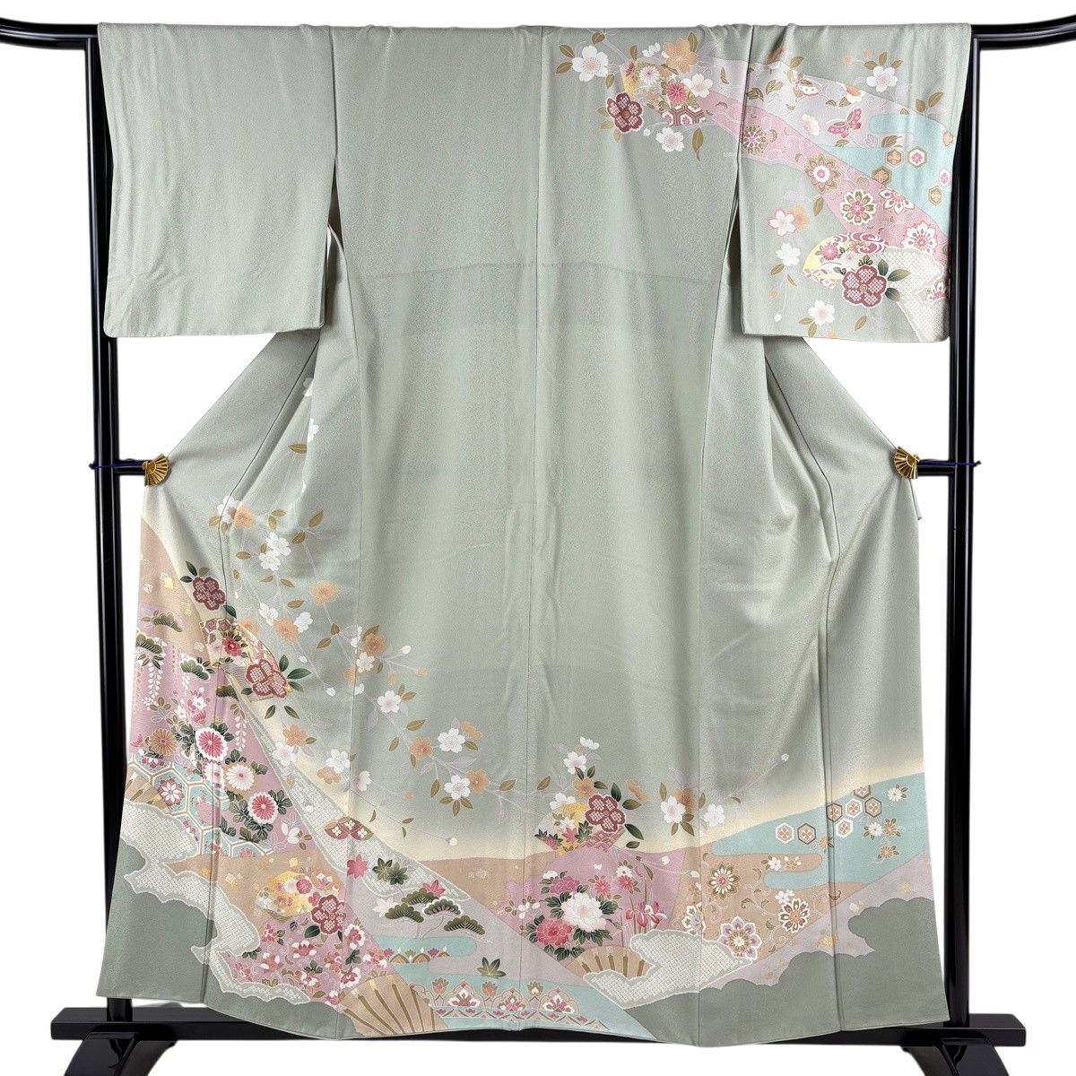 【美品】 訪問着 身丈156cm 裄丈66.5cm M 袷 やまと 扇面 桜 金糸 金銀彩 灰緑 正絹 名品 【中古】