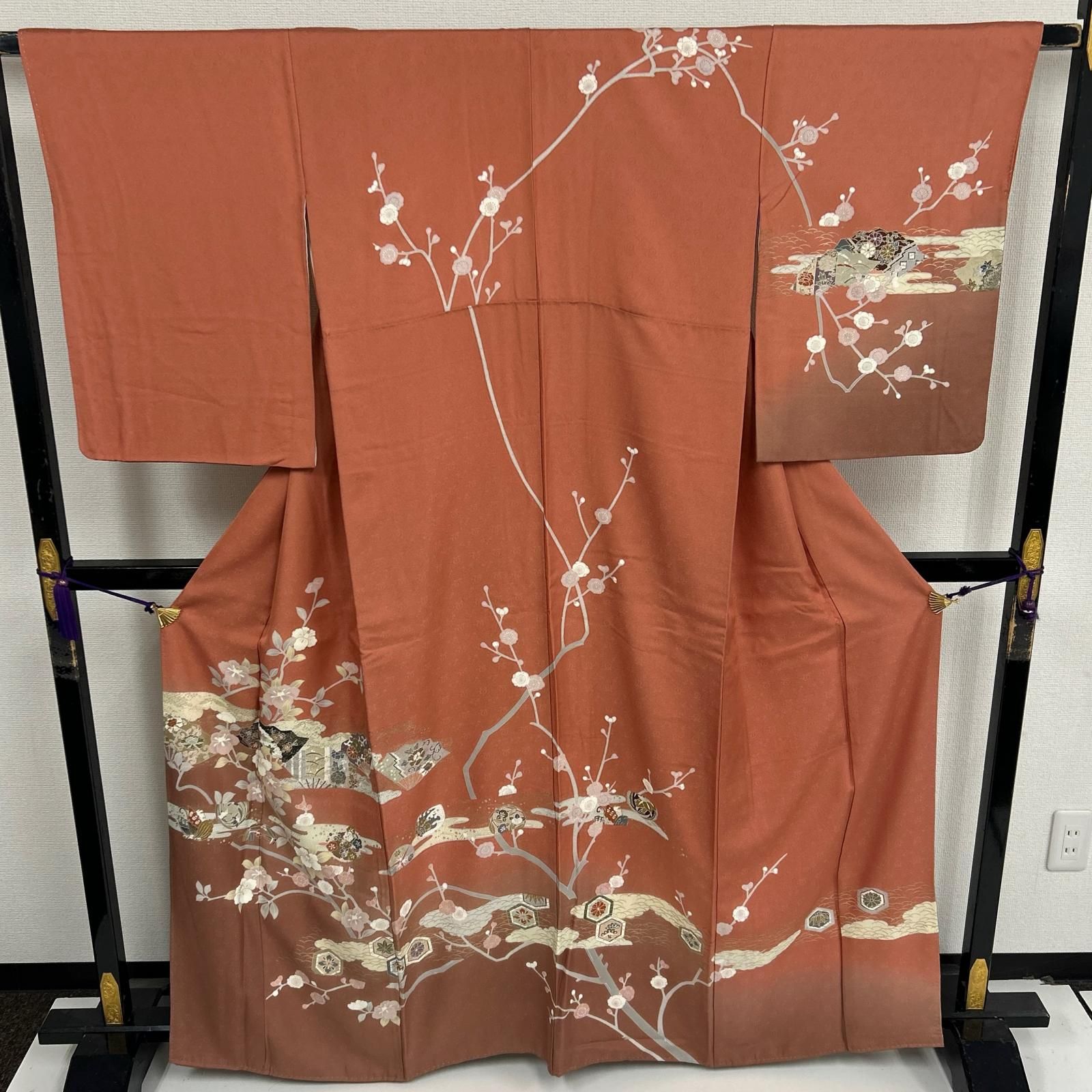 k-4951 金彩 変わり横断模様 花柄 紋無し 付下げ 訪問着 袷 正絹