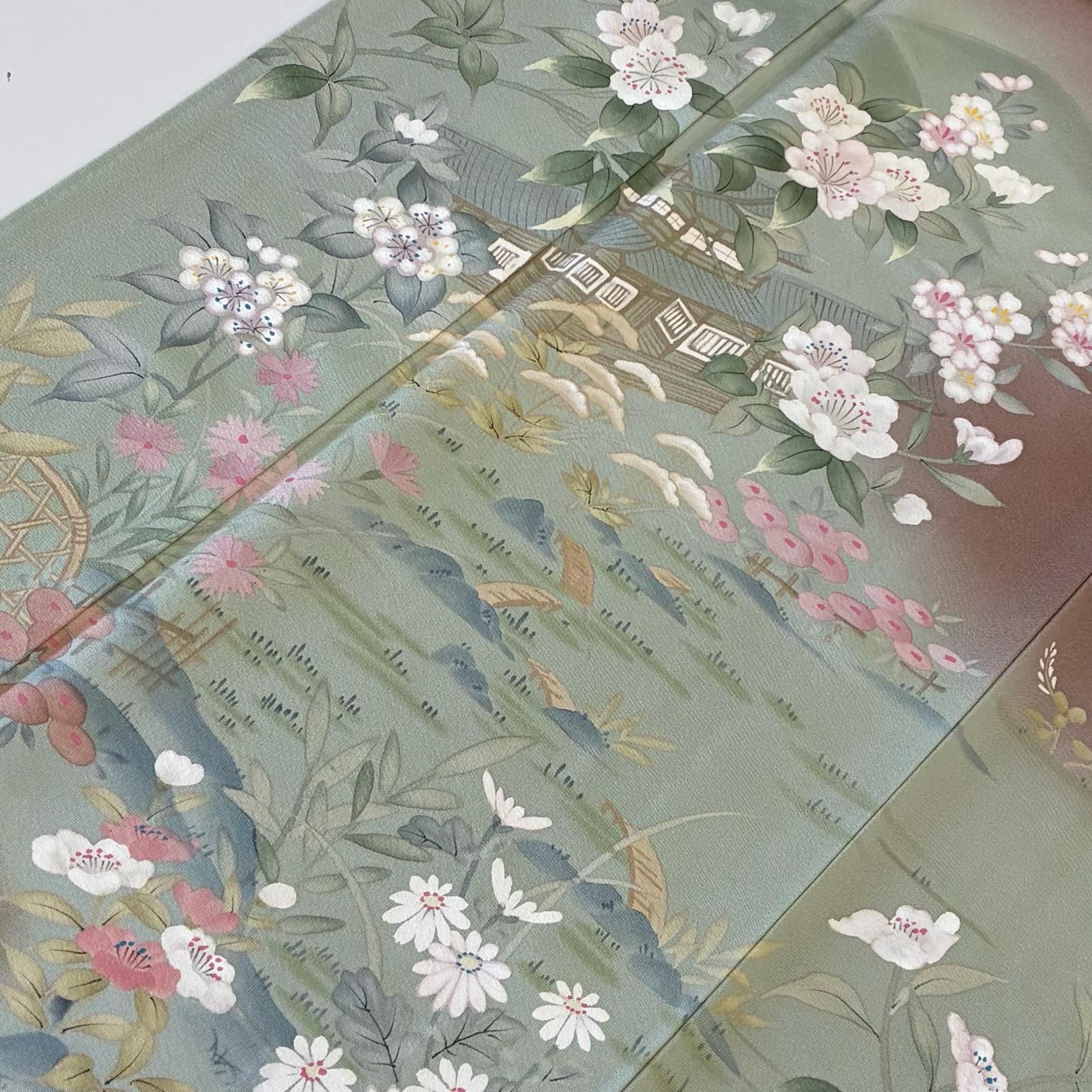 付け下げ 正絹 紋なし 美しい染めの花 袷 着物 MK-5100