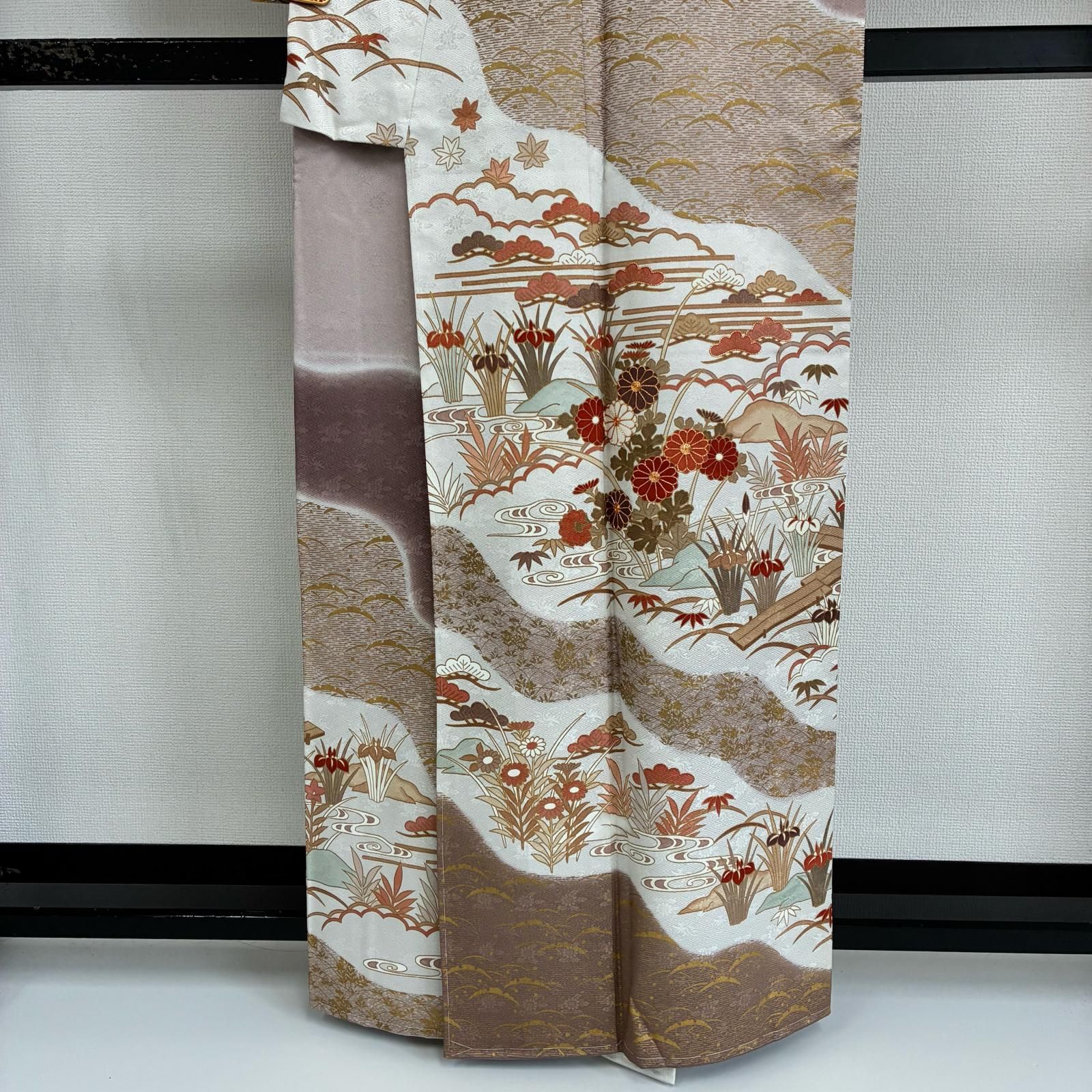 訪問着 正絹 裄65 紋なし しつけ糸 美しい染めの花 袷 着物 MK-6272