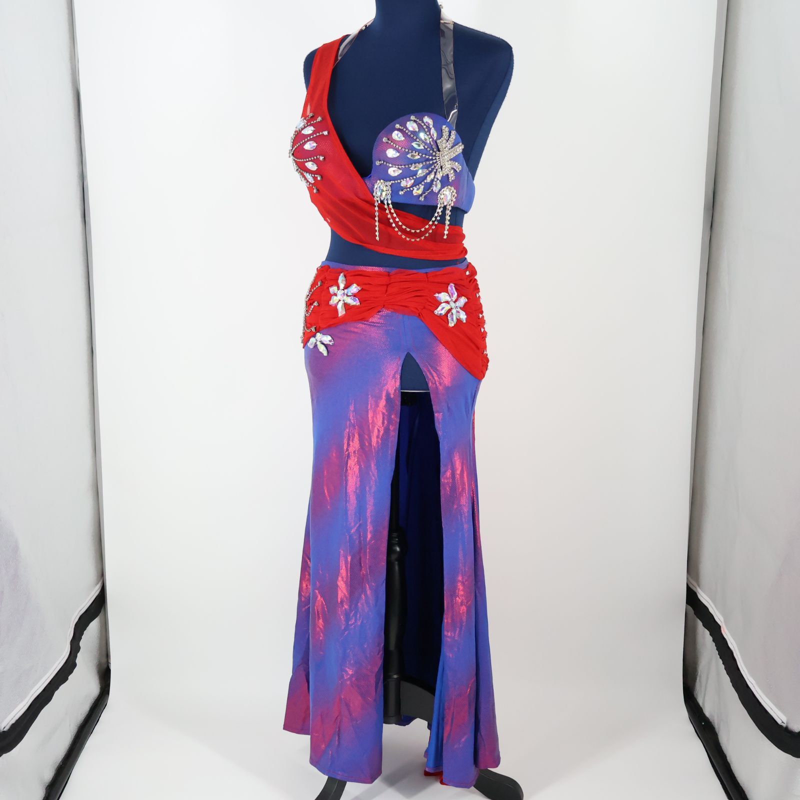 エジプト製 ベリーダンス用オリエンタル衣装】ブルー×レッド JOHARAH