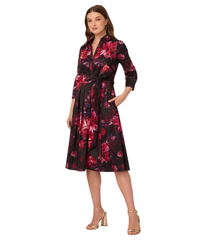 アドリアナ パペル レディース トップス ワンピース シャツワンピース プリント シャツ Adrianna Papell Printed Taffeta Shirt Dress Black Multi