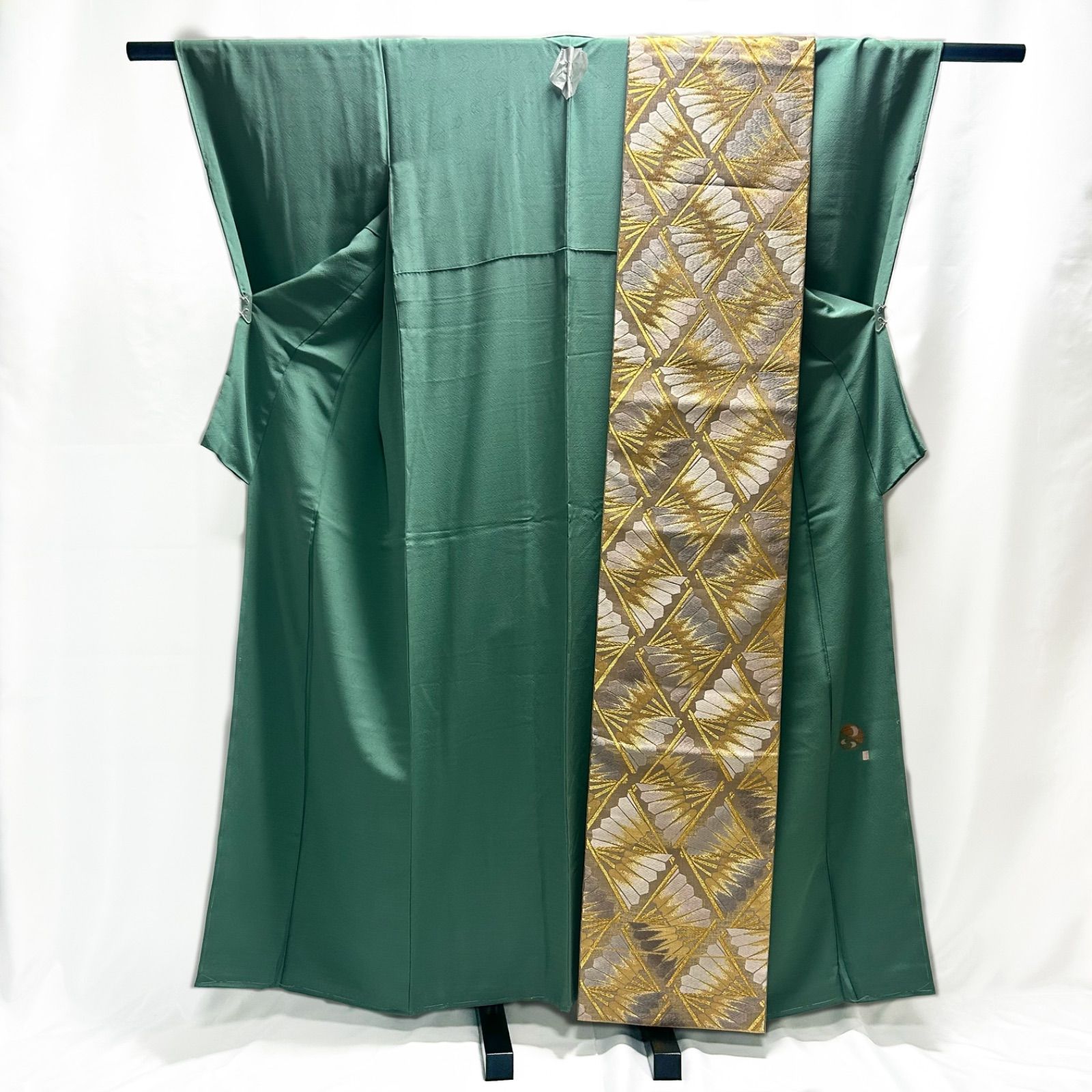 着物 帯 セット 色無地 作家物 落款あり 緑系 月 袋帯 中古品 管理番号KKVKAM78
