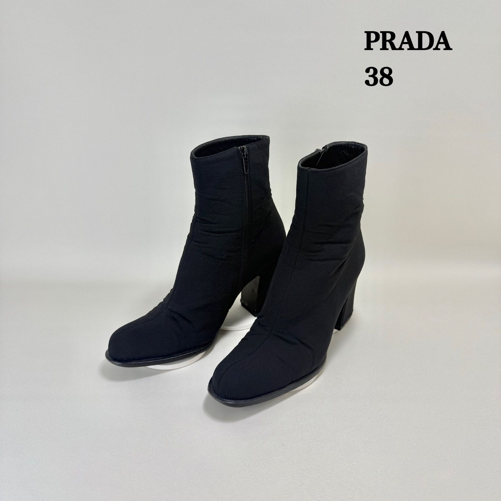 PRADA Italy archive stretch chunky boots 38 BLK プラダ ポリエステル チャンキーヒール サイドジップ ブーツ ブラック 無地 裏地レザー 定番 人気 9,984円