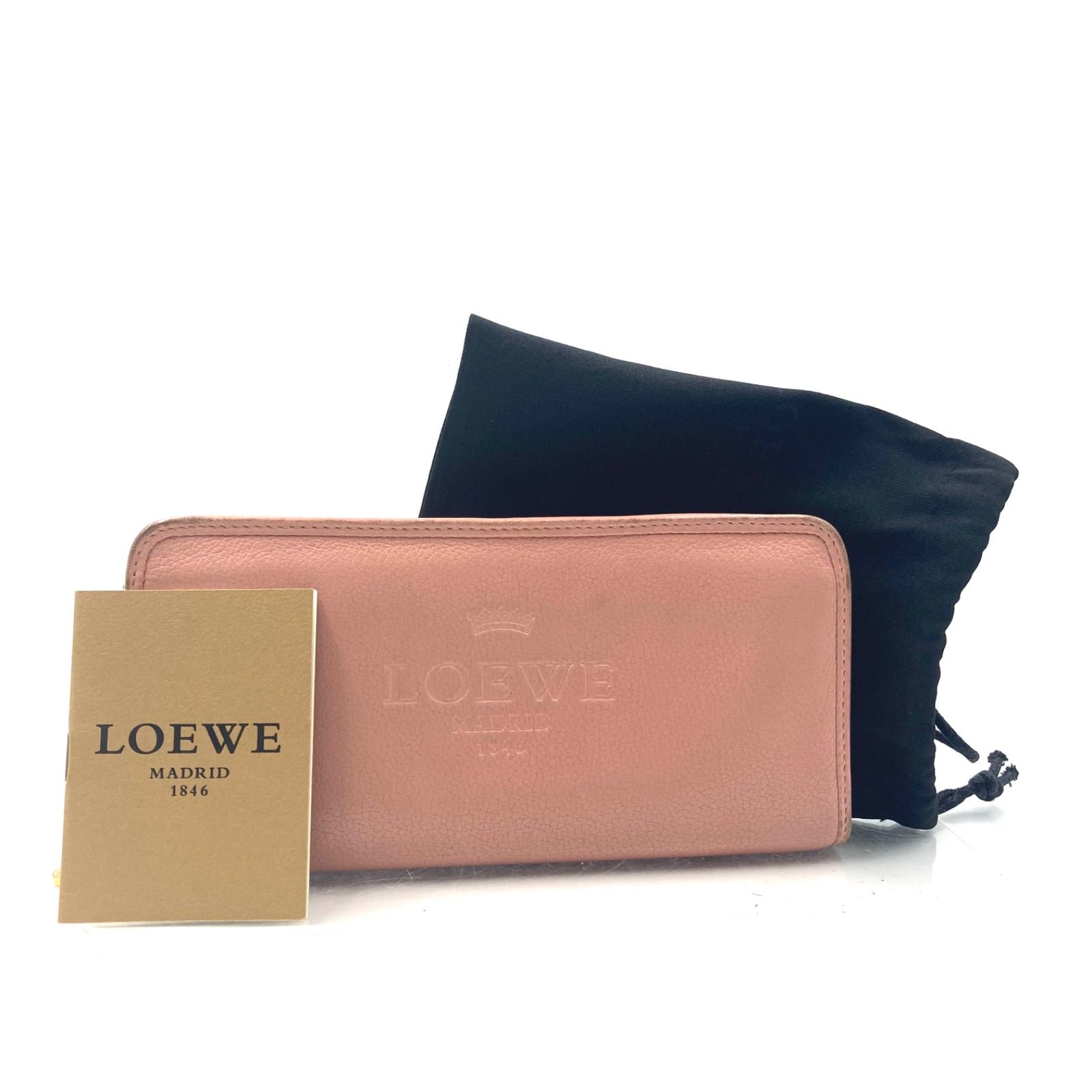 ■美品■LOEWE ロエベ　MADRID 1846　ヘリテージラウンドジップウォレット　ラウンドファスナー　長財布　ビッグロゴ型押し　レザー　本革　ピンク　紙冊子、保存袋つき　レディース