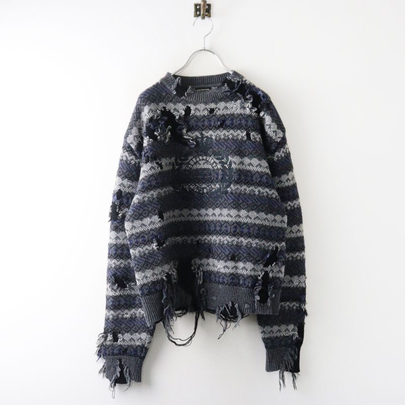 JPタグ 21AW バレンシアガ BALENCIAGA ロゴ刺繍 デストロイ クルーネック ダメージニット トップス XS//グレー メンズ■【2400015090290】 42,757円