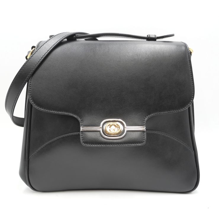 GUCCI（グッチ）インターロッキングG ショルダーバッグ ハンドバッグ 2WAY ブラック レザー ゴールド金具 レディース 598096【中古】
