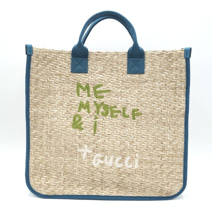 GUCCI（グッチ）Me Myself & I チルドレンズ トートバッグ ラフィア風 ベージュ ブルー 刺繍 イタリア製 605637【中古】