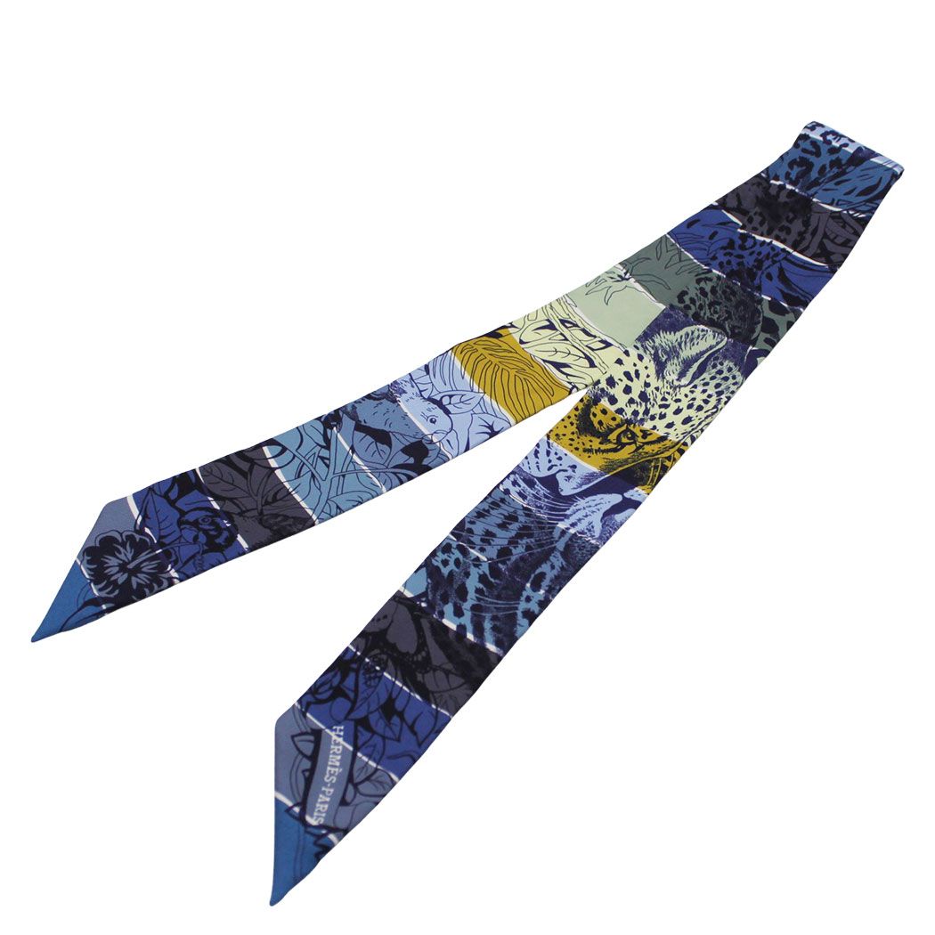 エルメス HERMES スカーフ ジャングル・ラブ・レインボー レディース ブランド ツイリー シルク ブルー おしゃれ 動物 インコ ジャガー 【中古】
