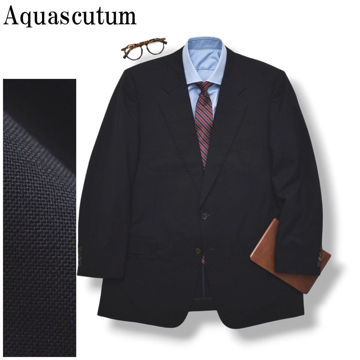 【美品】 アクアスキュータム Aquascutum ネイビーソリッド シングル 2B テーラードジャケット ブレザー 春夏 トラッド ビジネス カジュアル BB8 メンズ