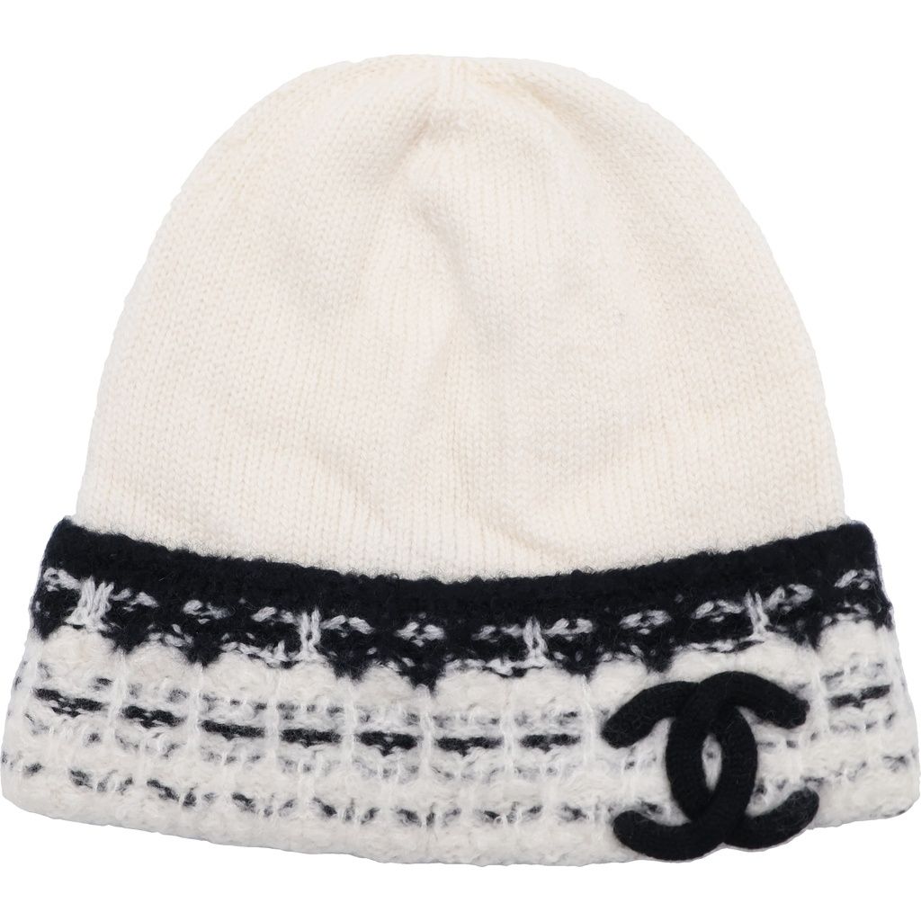 CHANEL (シャネル) ココマーク カシミヤウール ニット帽 ビーニー レディース ホワイト/ブラック - 53,394円
