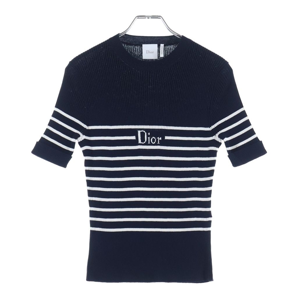 Christian Dior (クリスチャンディオール) Dioriviera ショートスリーブ フィット セーター コットン半袖ニット リブ編み ロゴ ネイビー 644S16B7E72 RFID レディース