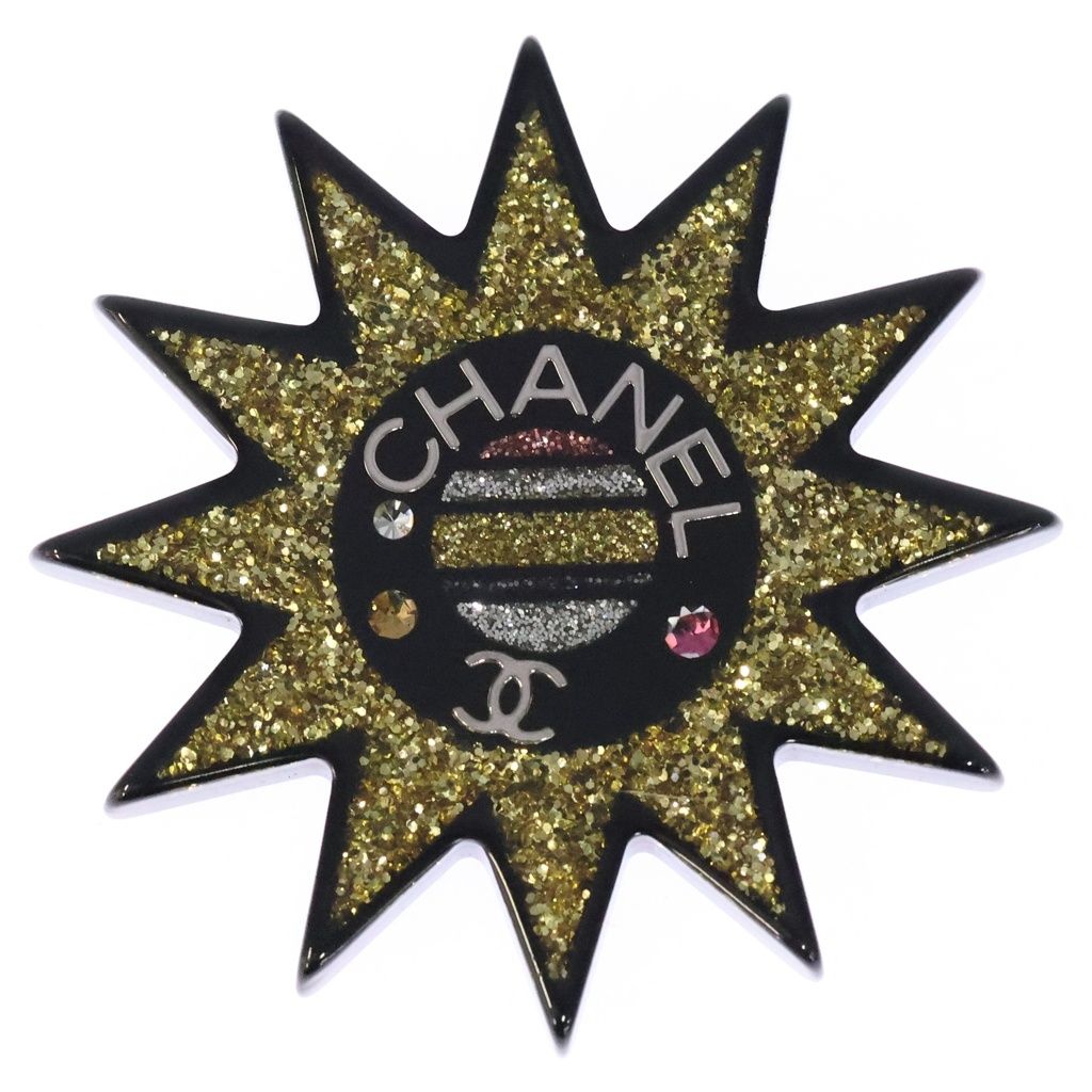 CHANEL (シャネル) 太陽モチーフ ラインストーンブローチ ピンバッジ ブラック×イエロー レジン×ストラス