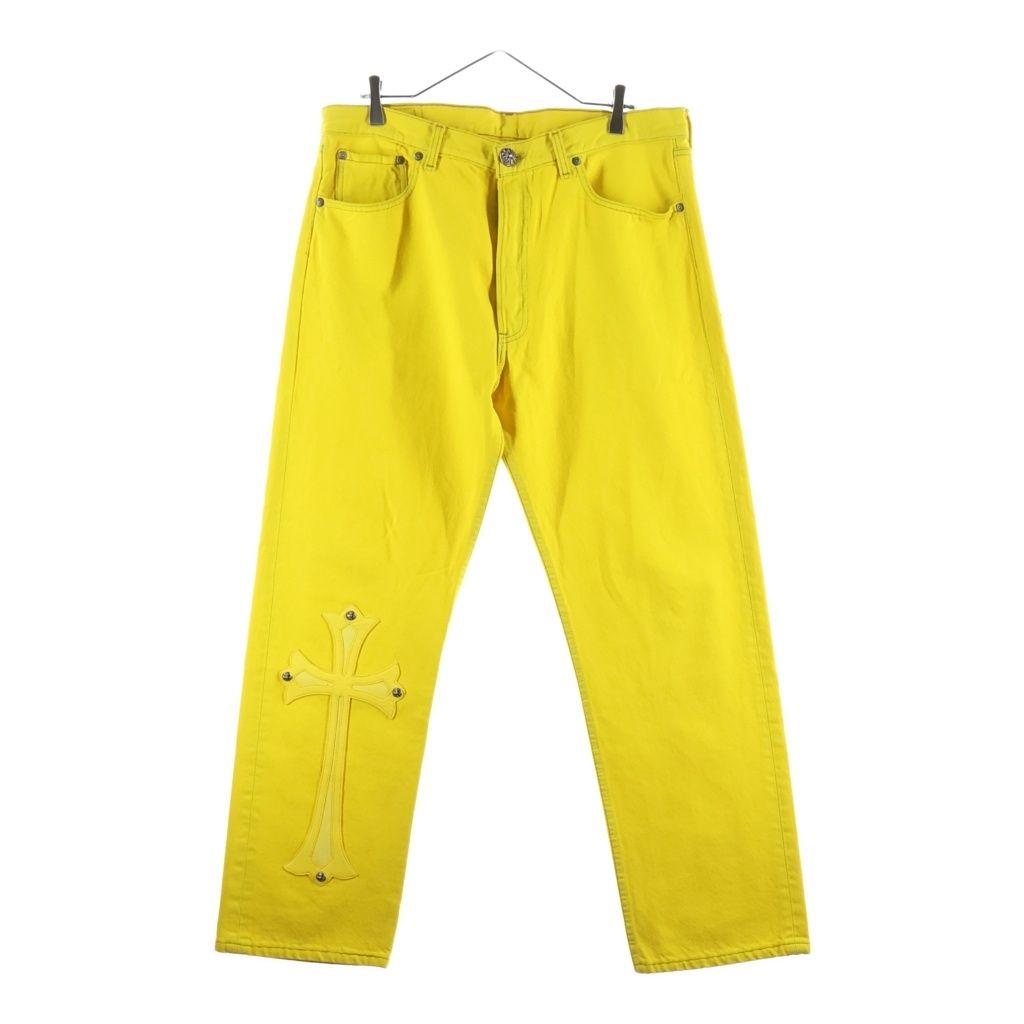 CHROME HEARTS クロムハーツ U VNTG JEAN YEL RED TAB ラージクロス クロスパッチ付き501ウォッシュドデニムパンツ イエロー/シルバー ‐ CHROME HEARTS (クロムハーツ) U VNTG JEAN YEL RED TAB ラージクロス