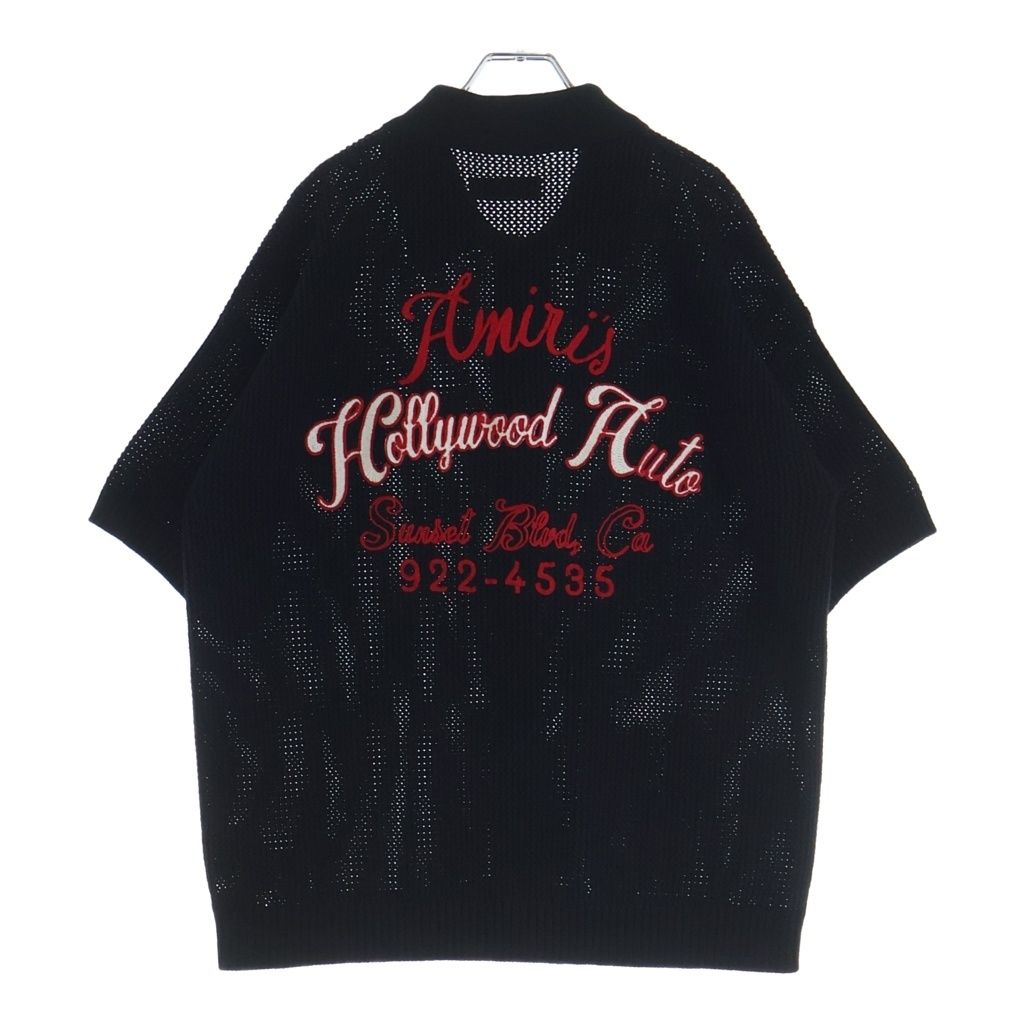 AMIRI (アミリ) 25AW HOLLYWOOD AUTO MESH SHIRT ハリウッドオートメッシュ コットン 両面ロゴエンブロイダリー 半袖ニットシャツ ブラック AMKNIR1028