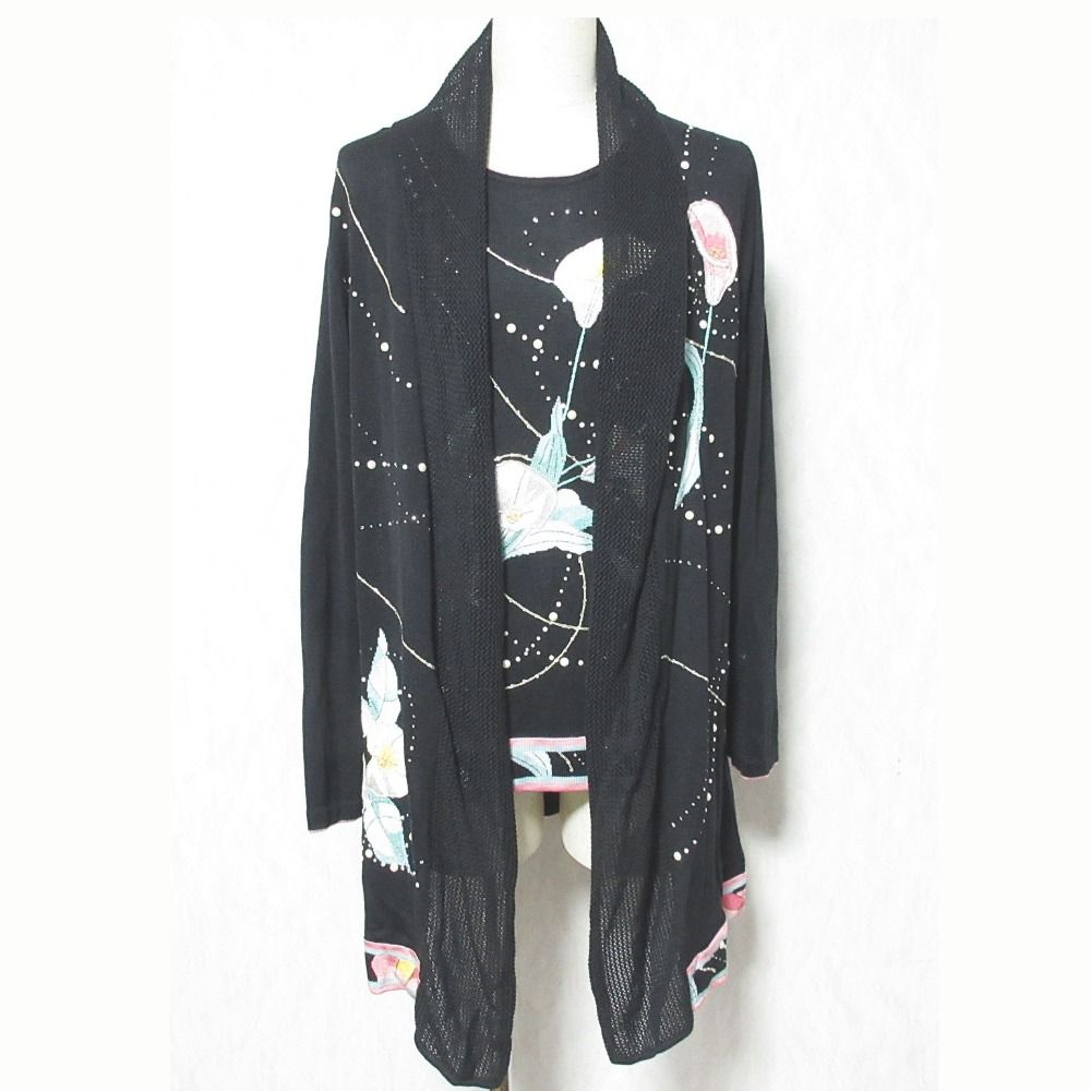 良品 LEONARD FASHION レオナールファッション フラワージャガード ラインストーン カーディガン アンサンブルニット 38 ブラック レディース 古着 中古 USED