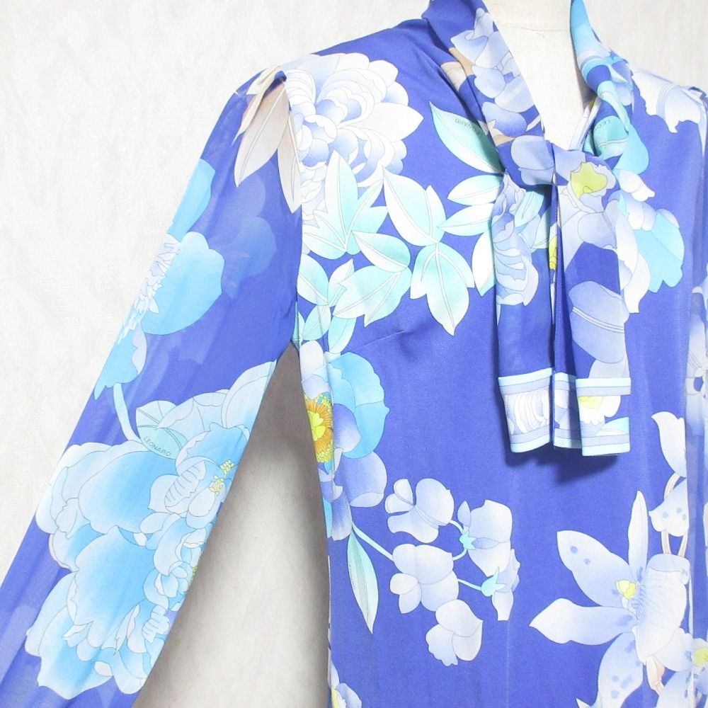【美品]レオナールシースルーシャツブラウスチュニック花柄ブルーL LEONARD 美品 Leonard Fashion レオナールファッション フラワープリント