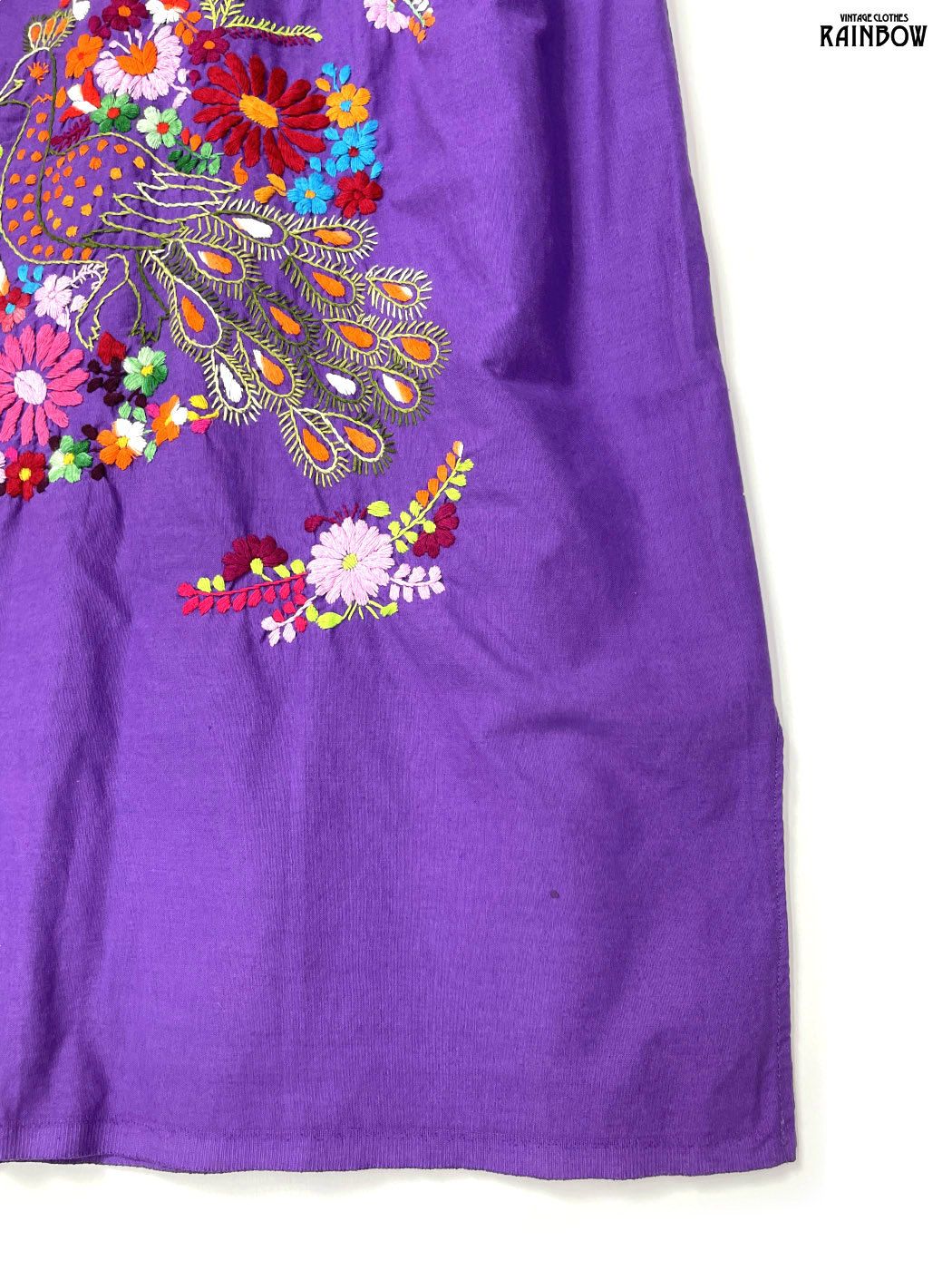 古着 メキシカン刺繍 スリット 花柄 コットン ロング丈 半袖 ワンピース 紫 (otu2606093)